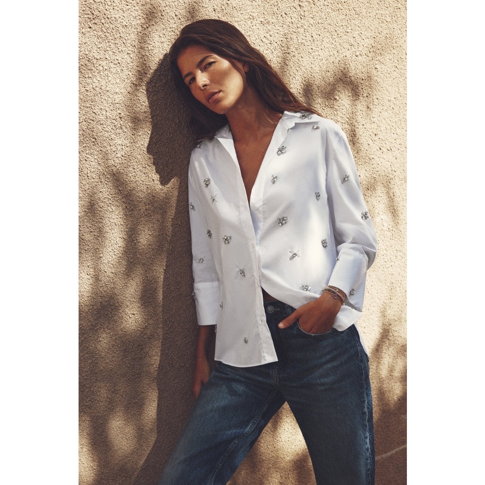 Zara Jewel Rhinestone Poplin Shirt - White Medium NWT